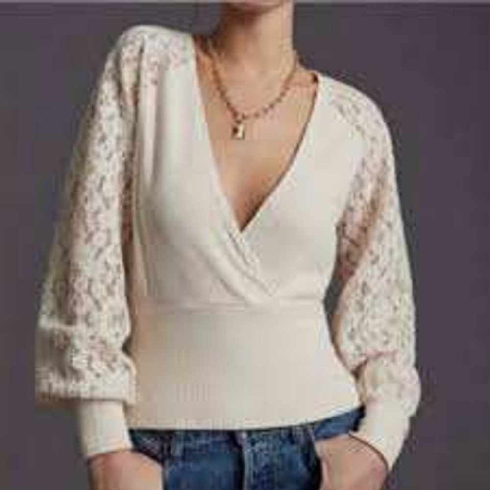 Anthropologie‎ Cream Ribbed Wrap Women Top Lace Balloon Sleeve V-Neck Small